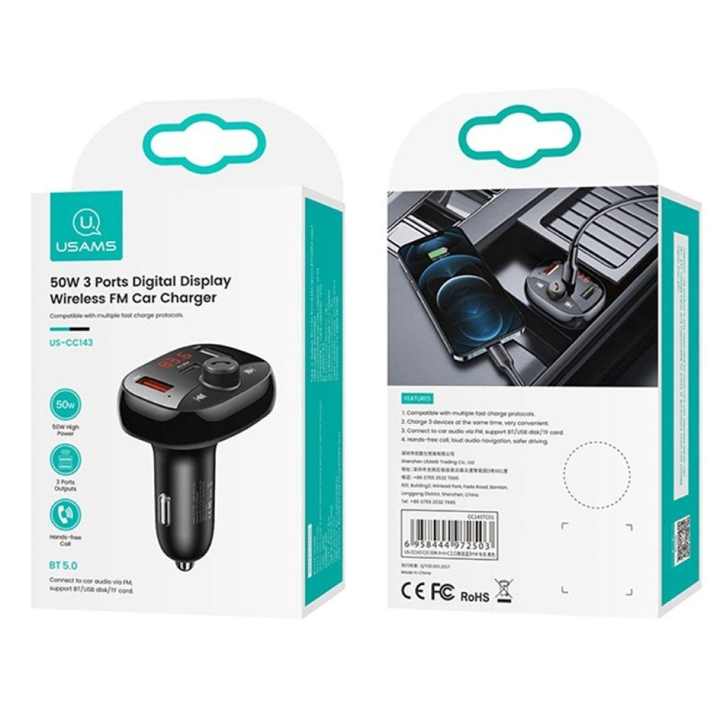 Cargador Auto c/ Transmisor FM 50W 3 USB/2A + USB C/PD Negro USAMS CC143