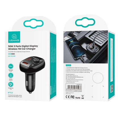 Cargador Auto c/ Transmisor FM 50W 3 USB/2A + USB C/PD Negro USAMS CC143