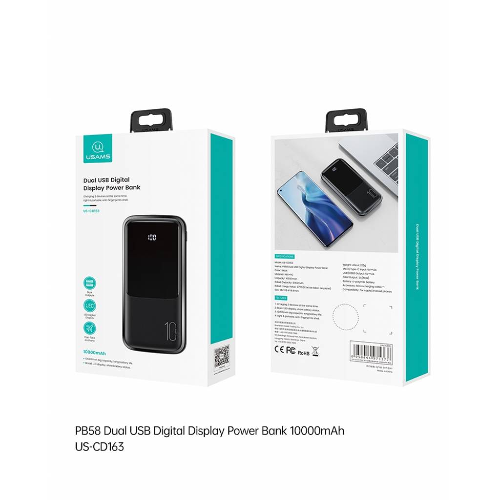 Power Bank USAMS 10.000mAh - Dual USB con Pantalla LCD