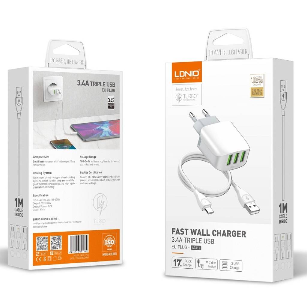 Cargador de Pared LDNIO A3312 - Carga Rápida con 3 Puertos