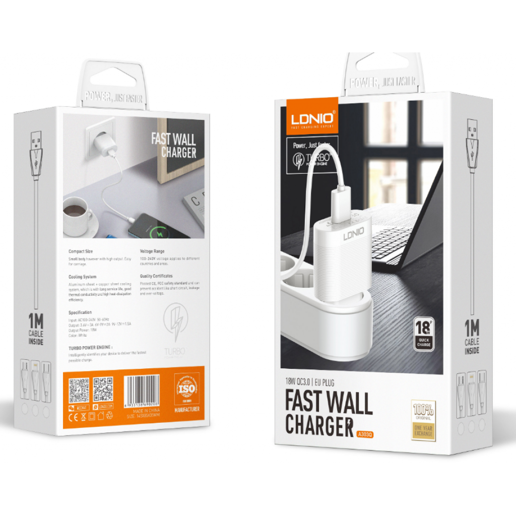 Cargador Pared 18W 1USB QC3.0 Carga Rápida Blanco Tipo C LDNIO A303Q