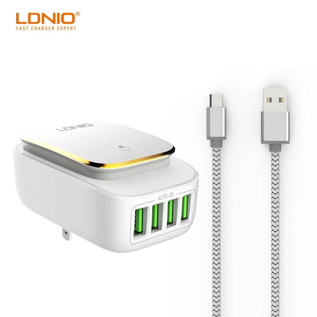 Cargador Pared 4.4A 4 USB con Luz LED y Cable Tipo C LDNIO A4405
