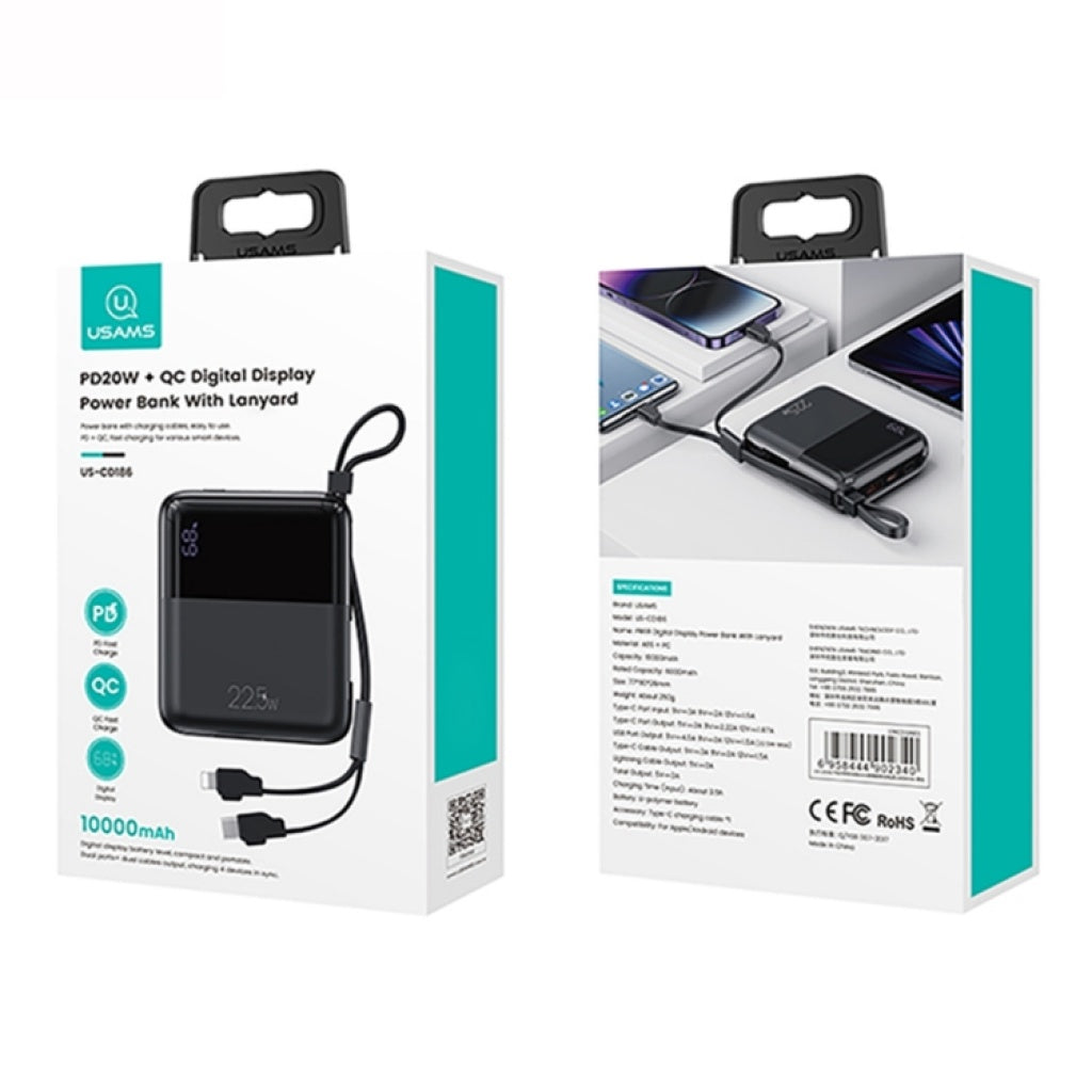 Power Bank 10.000mAh USAMS CD186 - Carga Rápida con LCD y Cordón
