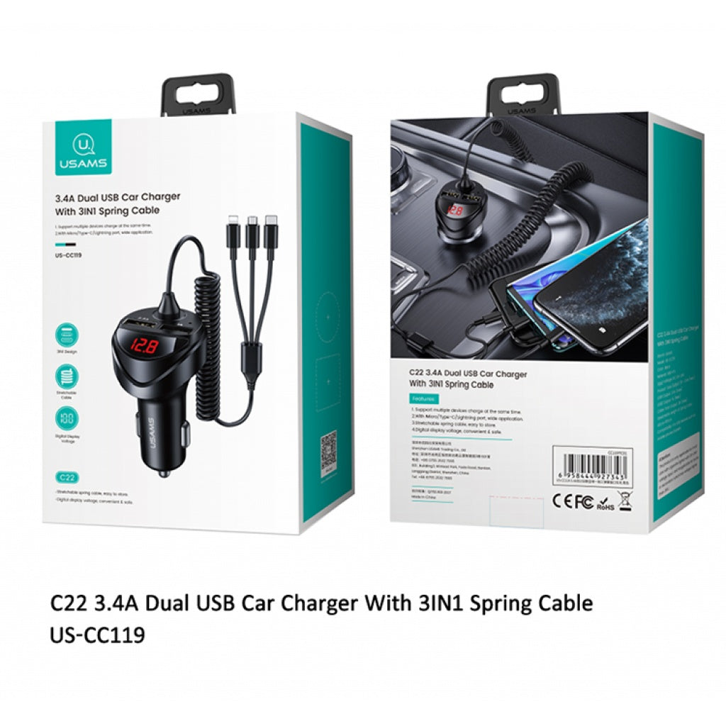 Cargador Auto C22 2 USB/3 4A 3 en 1 Micro/Tipo C/Lightning Negro USAMS CC119