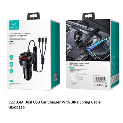 Cargador Auto C22 2 USB/3 4A 3 en 1 Micro/Tipo C/Lightning Negro USAMS CC119