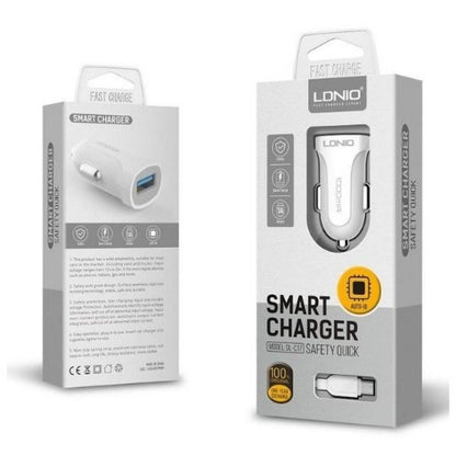 Cargador Auto 2.4A 12W 1 USB Tipo C Blanco LDNIO DL-C17