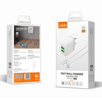 Cargador Pared 2.4A 2USB Tipo C Blanco LDNIO A2219