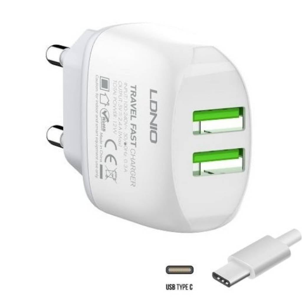 Cargador Pared 2.4A 2USB Tipo C Blanco LDNIO A2219