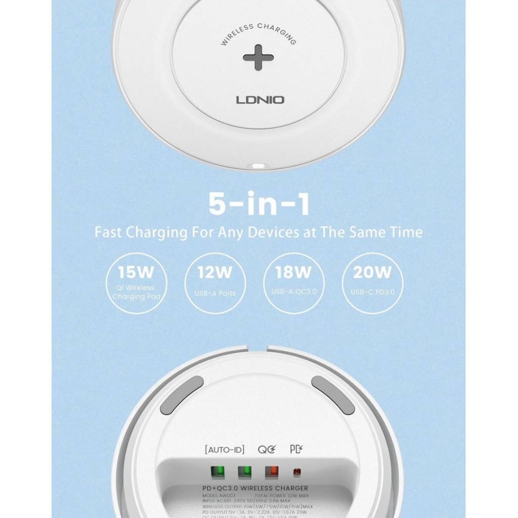 Cargador Inalámbrico de Escritorio 5 en 1 32W PD30W+ QC18W+2Auto-ID LDNIO AW003