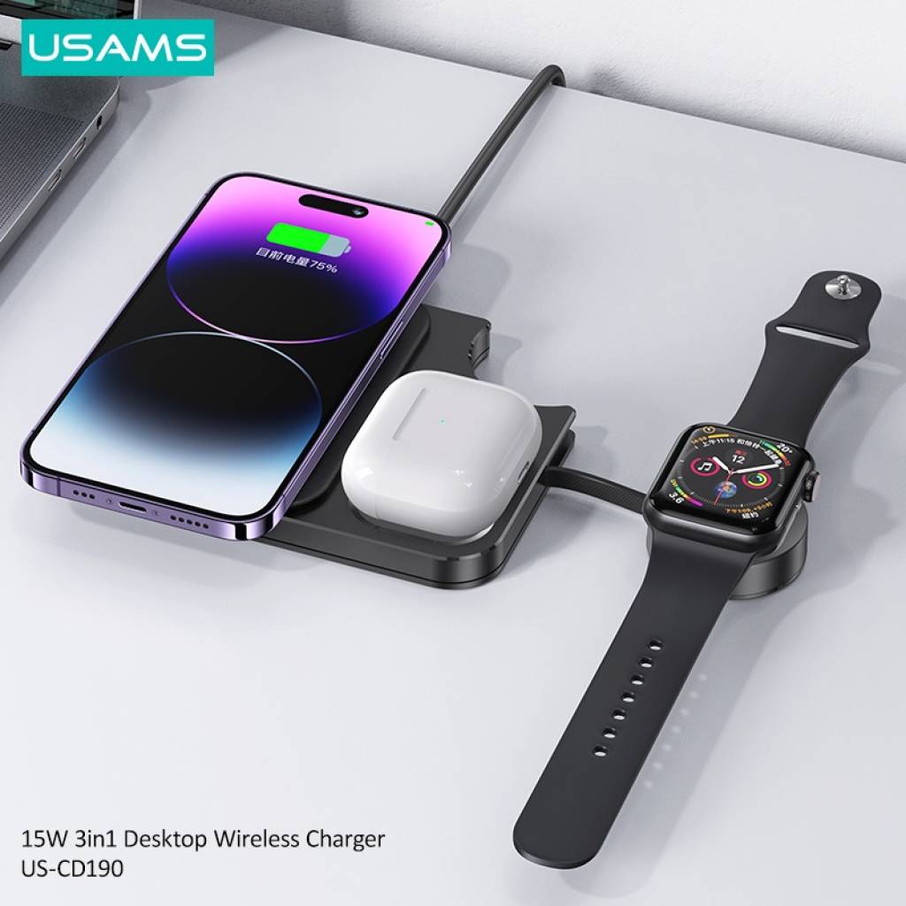 Cargador Inalámbrico USAMS 3 en 1 - Carga Rápida 15W