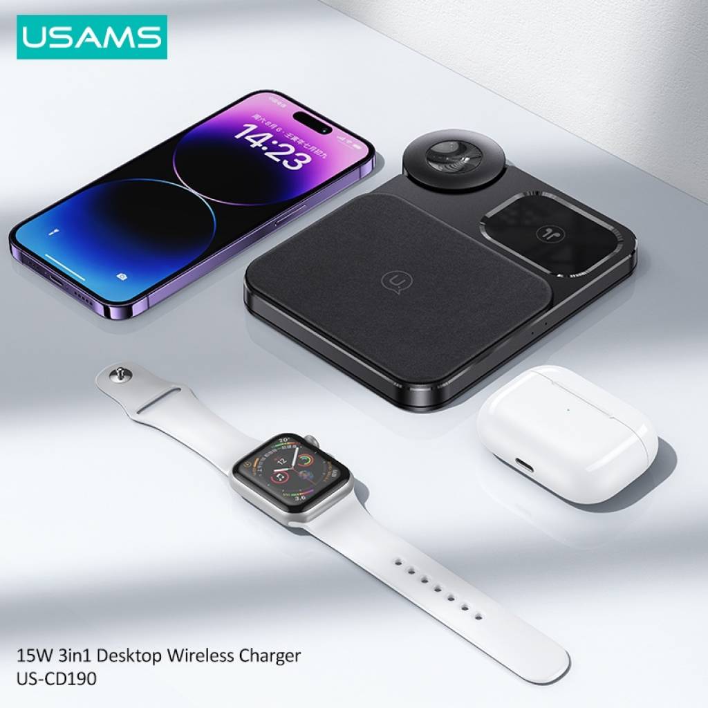 Cargador Inalámbrico USAMS 3 en 1 - Carga Rápida 15W