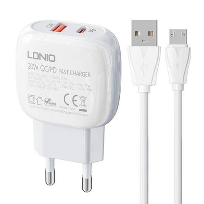 Cargador Pared 3A PD 20W (USB-C)+ QC3.0 LDNIO A2313C