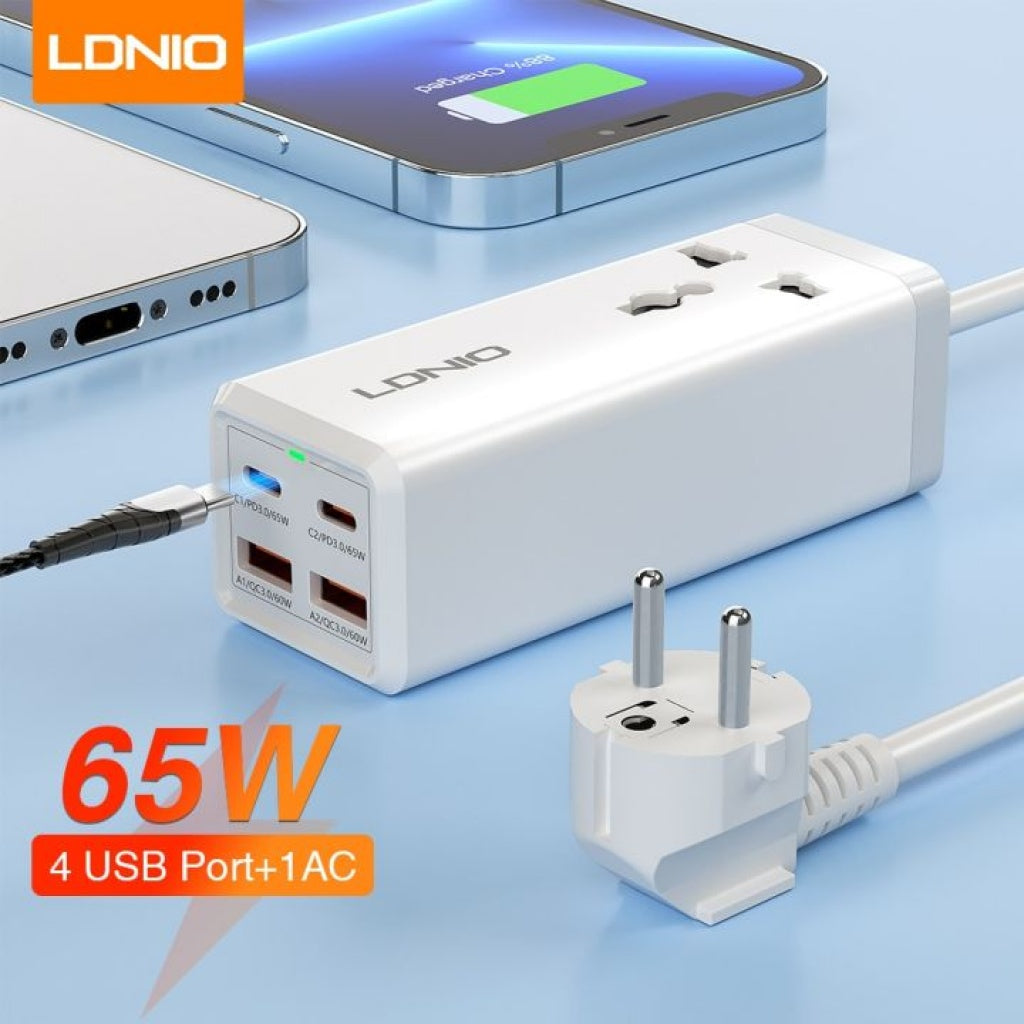 Adaptador Multifunción 65W Dual QC3.0+Dual USB C PD Cable 2M LDNIO SC1418