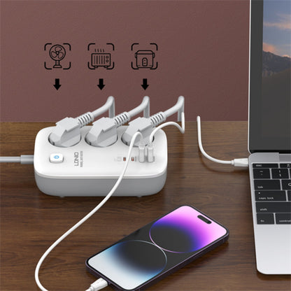 Adaptador Multifunción 65W 2 QC3.0+2 USB C PD+3 Enchufes Carga Rápida Blanco LDNIO SE3436