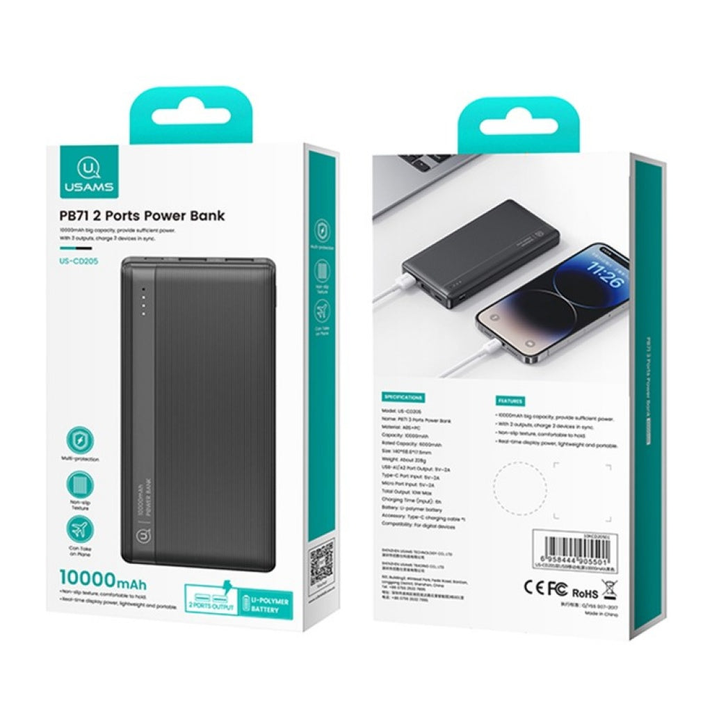 Power Bank PB71 10000mAh Dual USB Carga Rápida USAMS CD205