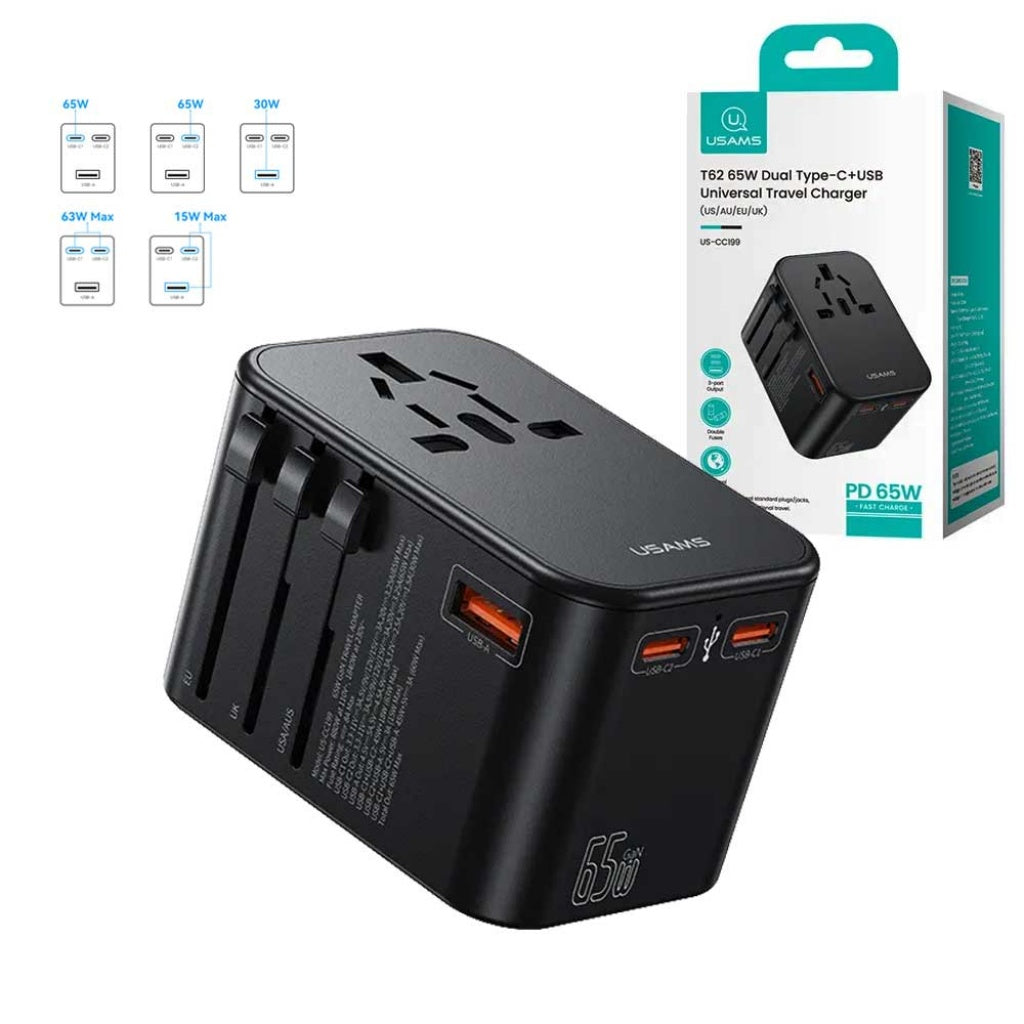 Cargador de Viaje USAMS T62 - Carga Rápida Universal 65W