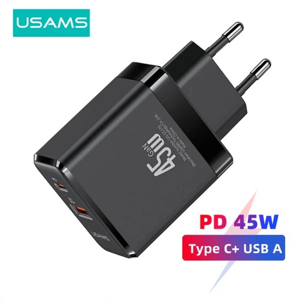 Cargador de viaje T58 45W USB A + USB C GaN USAMS CC178