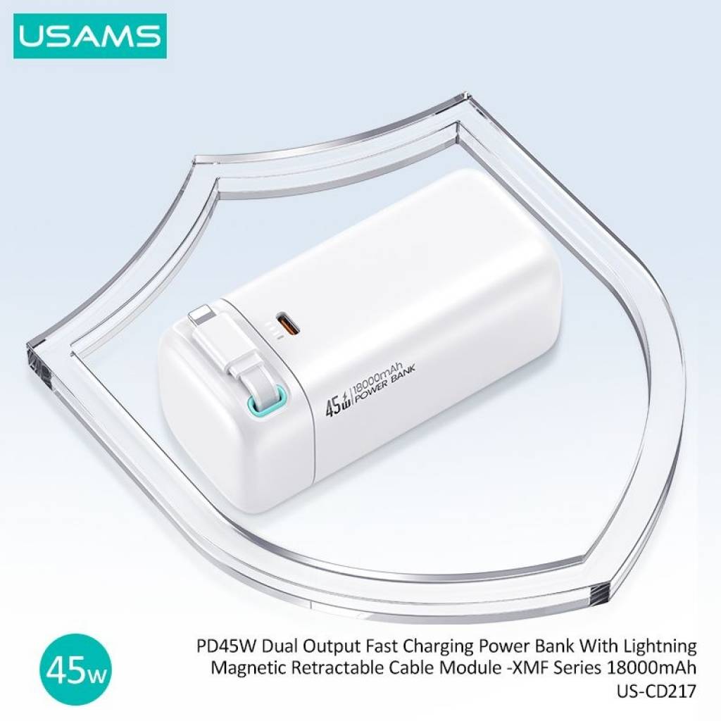 Power Bank USAMS 18000mAh - Carga Rápida 45W con Cable Retráctil