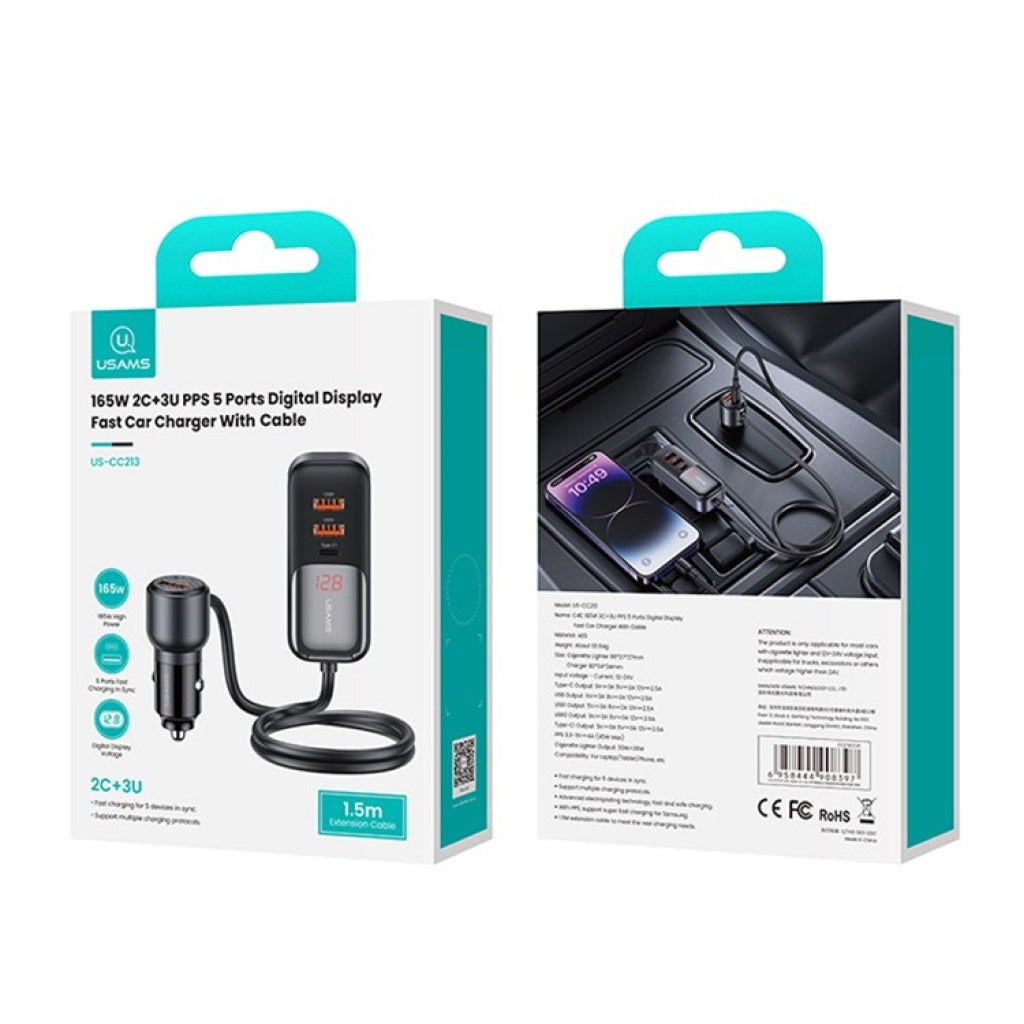 Cargador Auto C/Cable 165W 2PD + 3 USB Pantalla Digital Negro USAMS CC213
