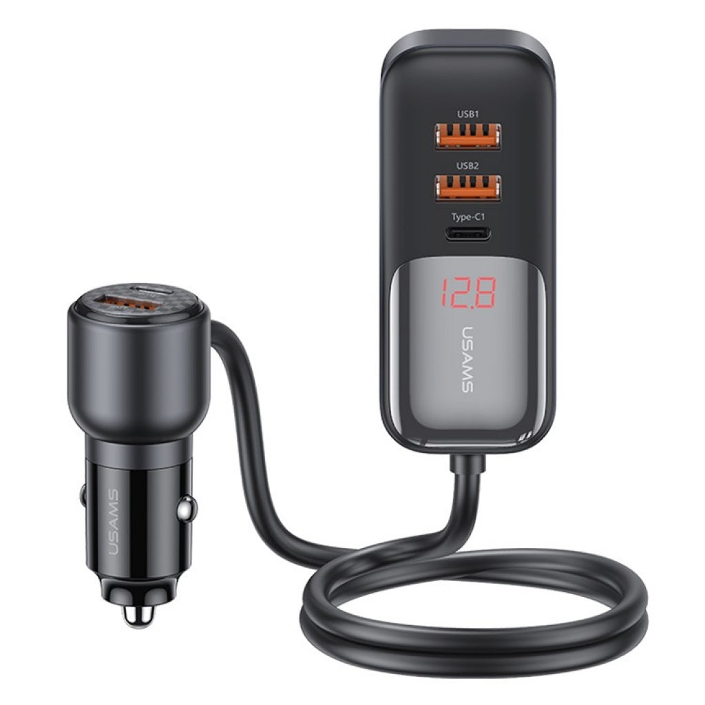 Cargador Auto C/Cable 165W 2PD + 3 USB Pantalla Digital Negro USAMS CC213