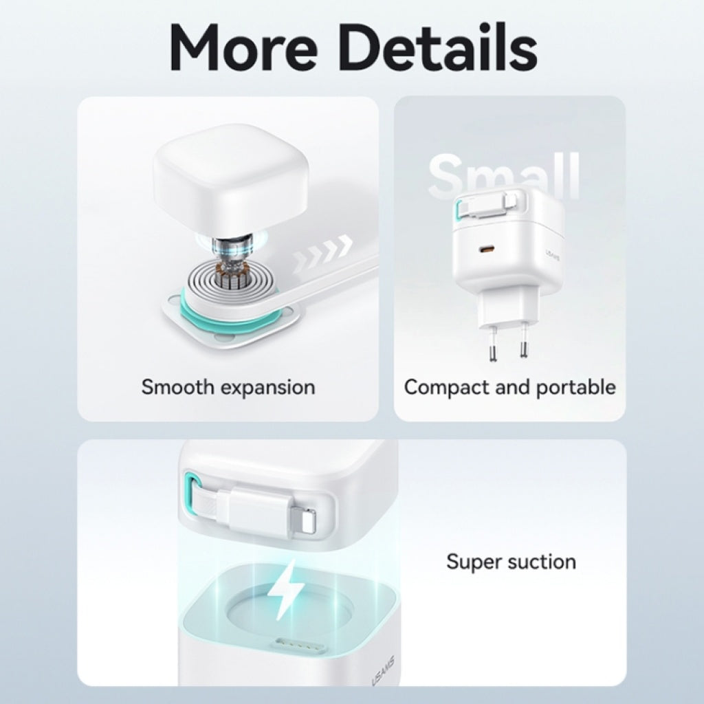 Cargador USAMS CC209 35W con Cable Retráctil Lightning Magnético y Doble Puerto GaN