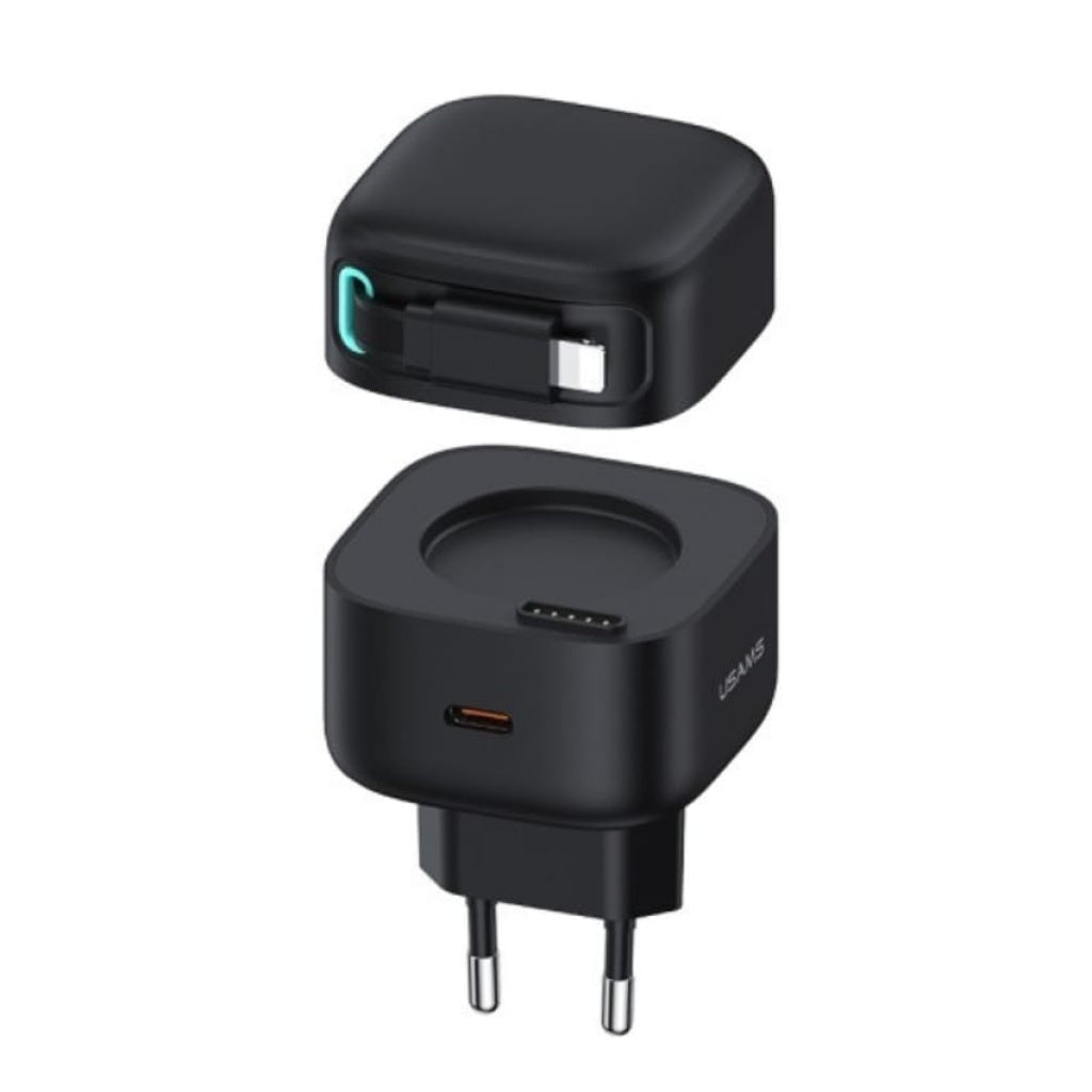 Cargador USAMS CC209 35W con Cable Retráctil Lightning Magnético y Doble Puerto GaN