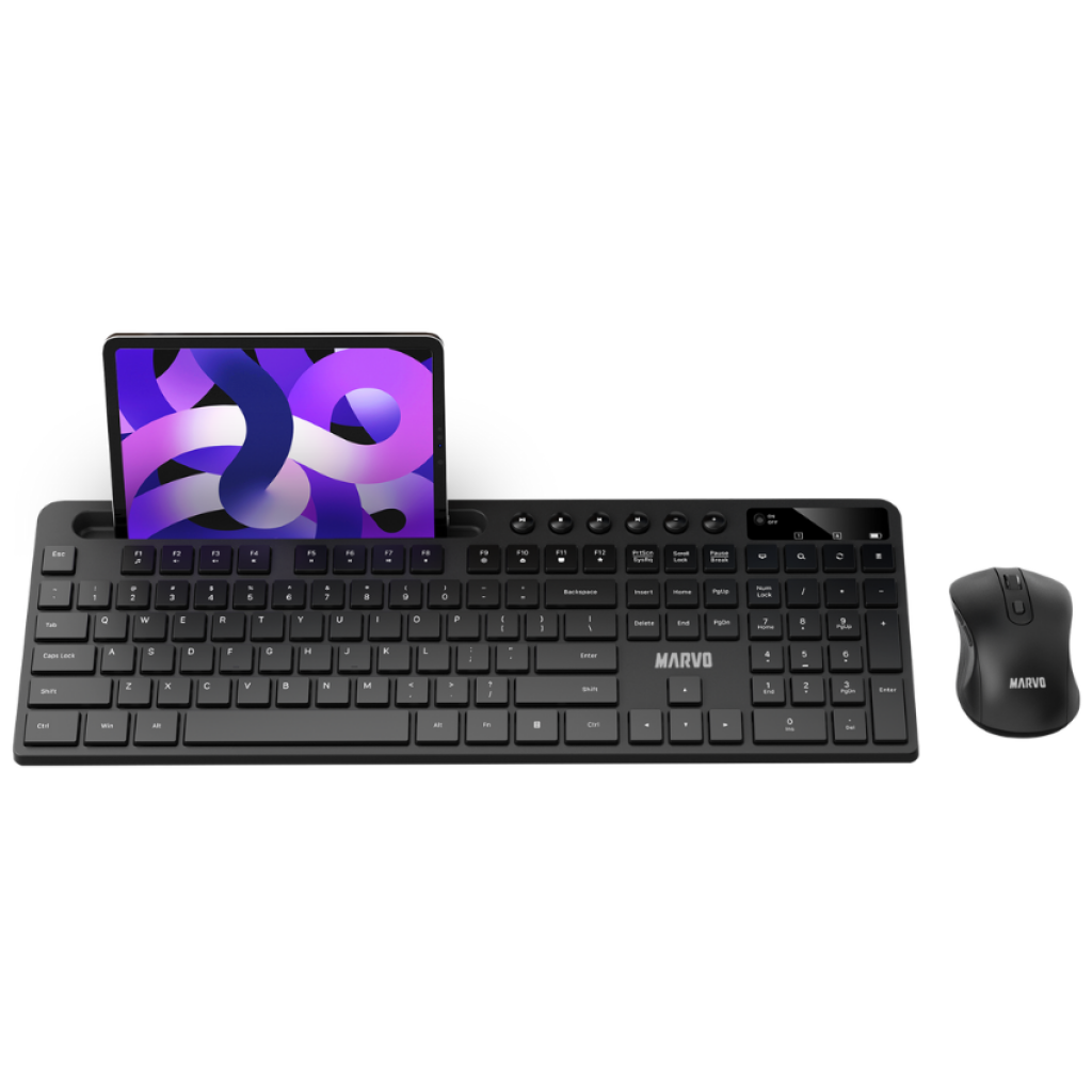 Combo Inalámbrico Marvo Mouse y Teclado C/Soporte para Teléfono KC411W Negro