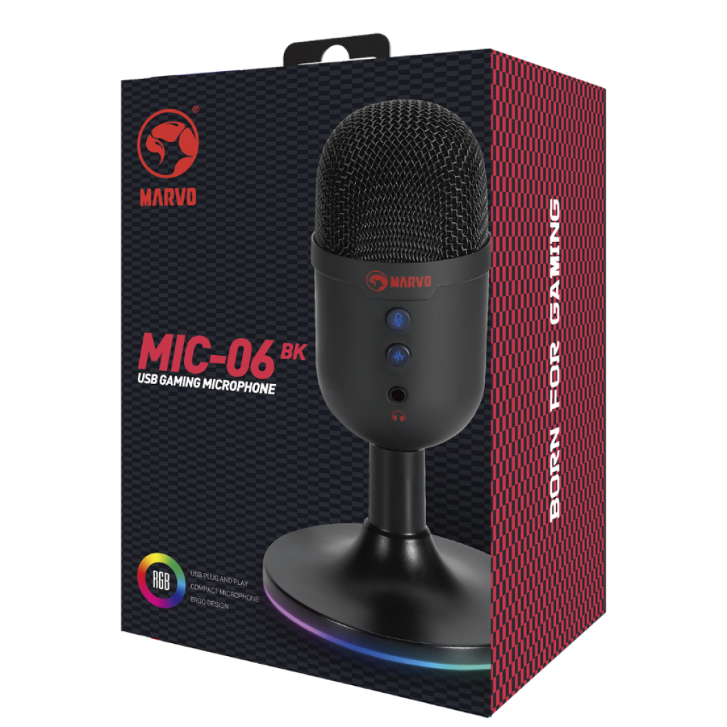 Micrófono de Estudio Gamer USB Cable 1.7 M RGB MIC-06 BK Negro Marvo
