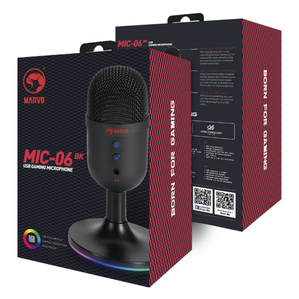 Micrófono de Estudio Gamer USB Cable 1.7 M RGB MIC-06 BK Negro Marvo