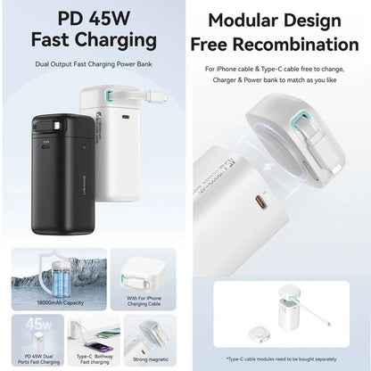 Power Bank 18000mAh PD45W Cable Retráctil Magnético Lightning Negro USAMS CD217