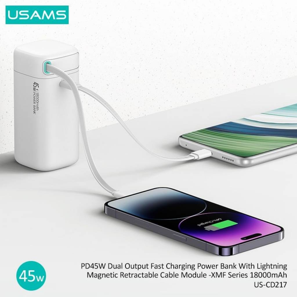 Power Bank 18000mAh PD45W Cable Retráctil Magnético Lightning Negro USAMS CD217