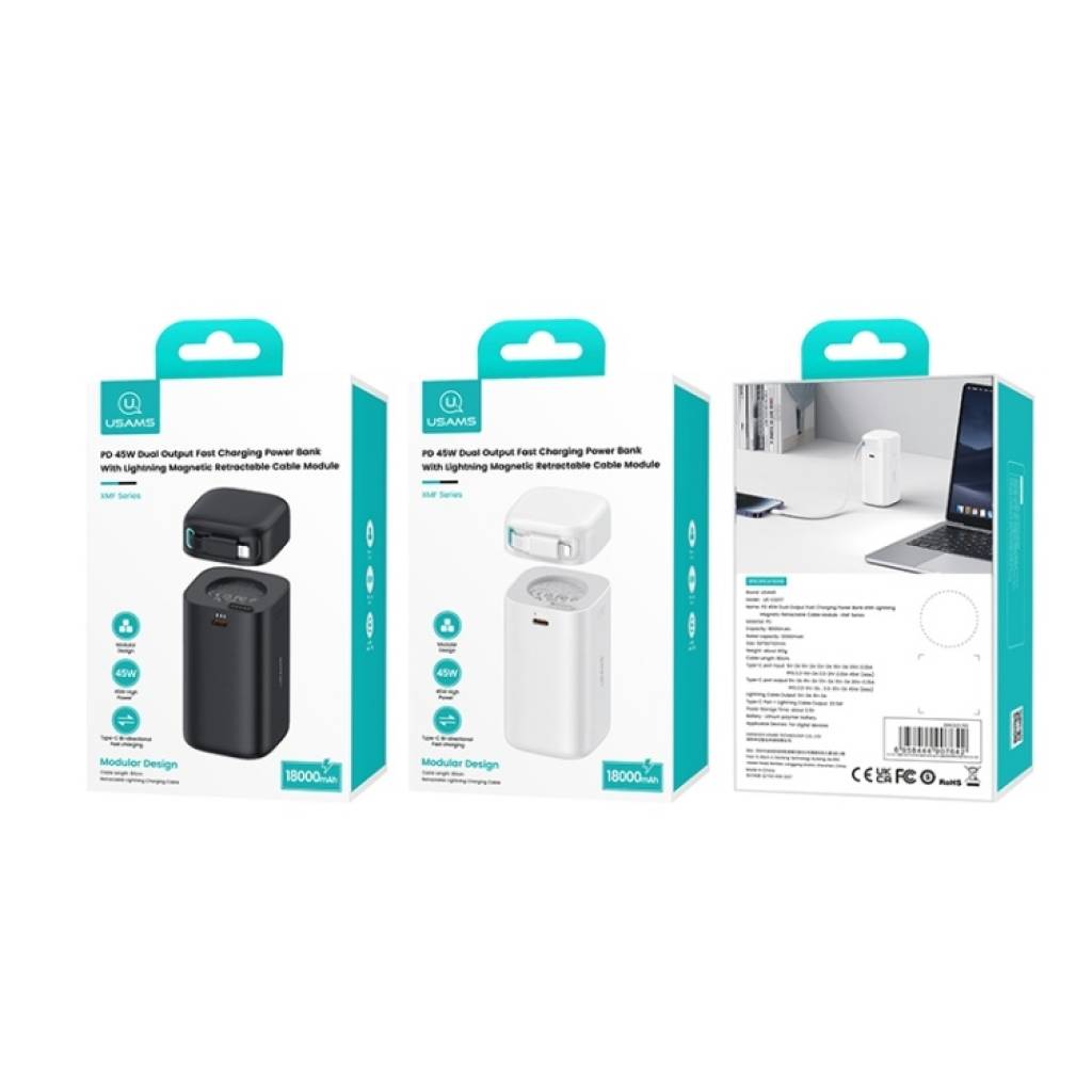 Power Bank 18000mAh PD45W Cable Retráctil Magnético Lightning Negro USAMS CD217