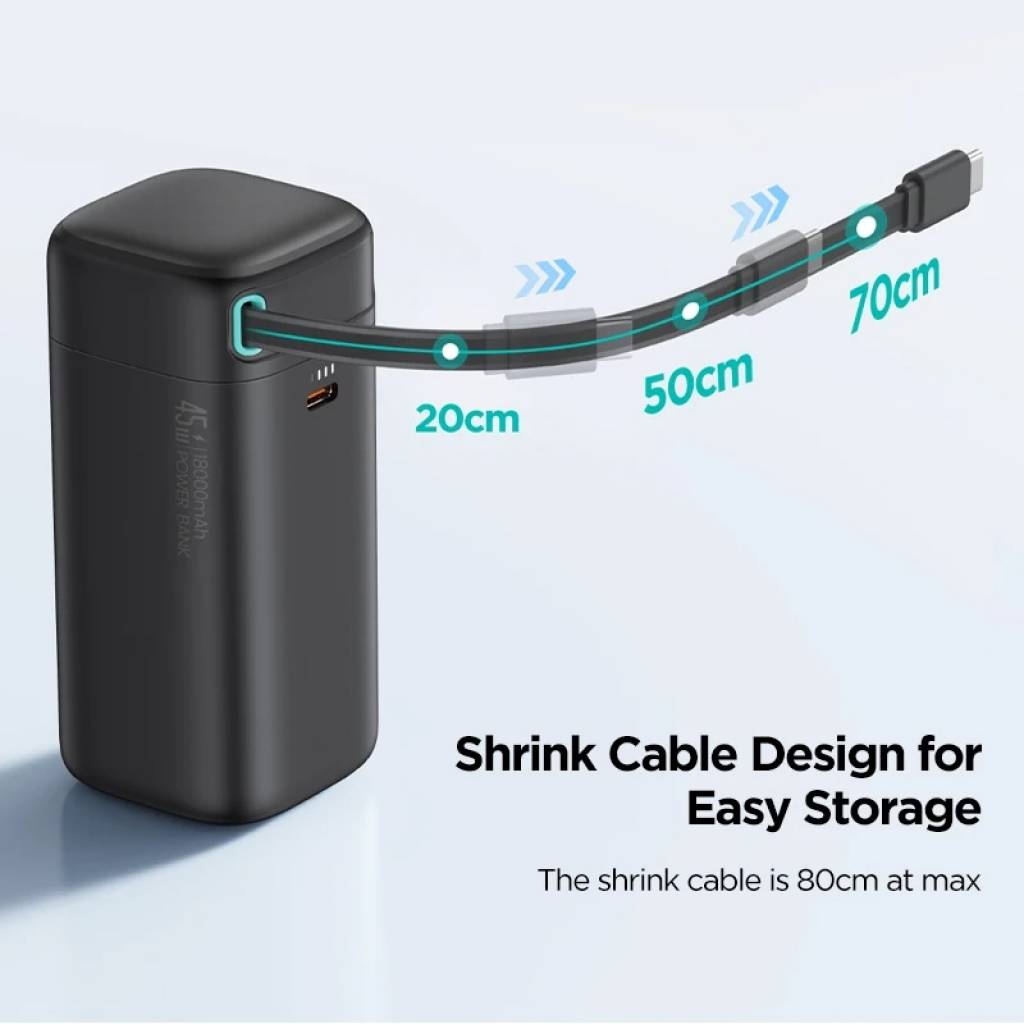 Power Bank USAMS 18000mAh - Carga Rápida 45W con Cable Retráctil