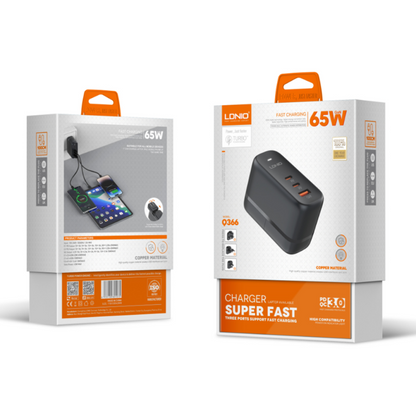 Cargador de Pared 65W GaN Carga Rápida 1USB A + 2USB C LDNIO Q366