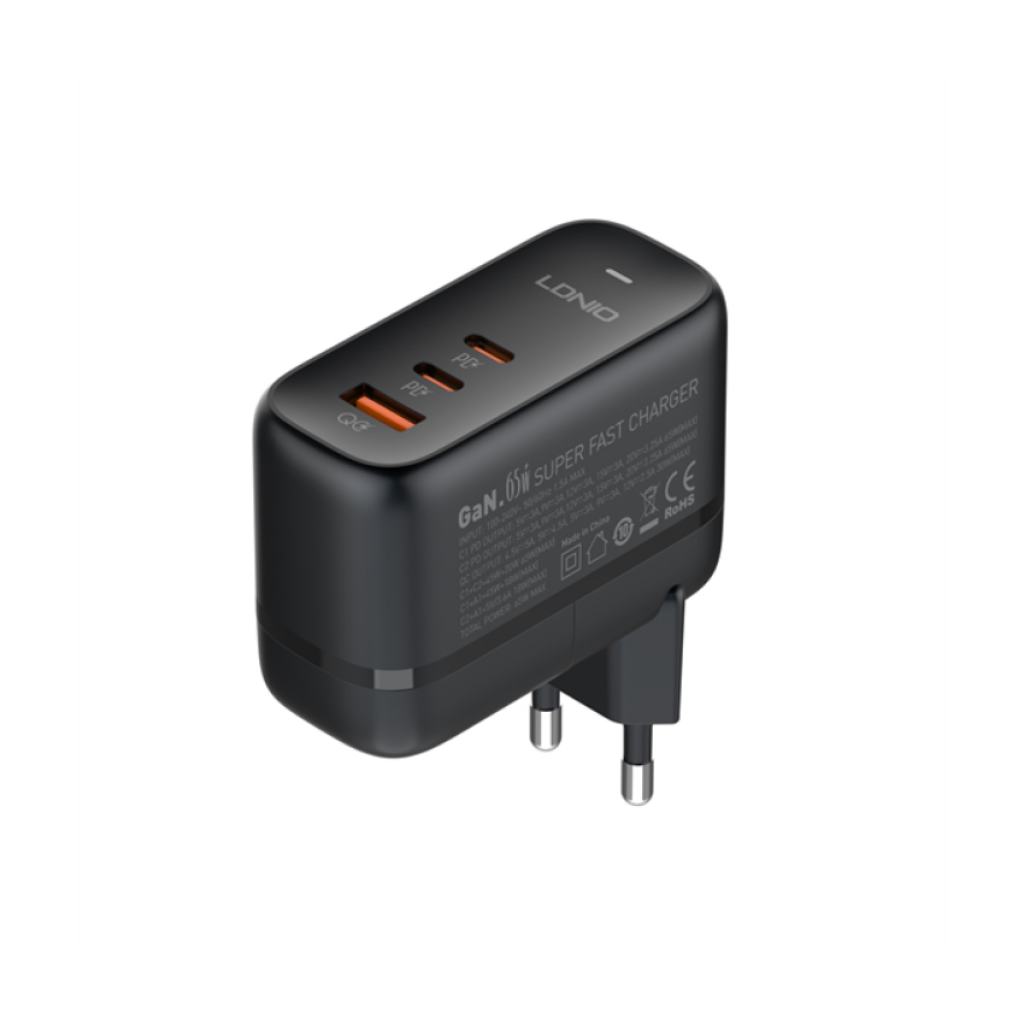 Cargador de Pared 65W GaN Carga Rápida 1USB A + 2USB C LDNIO Q366