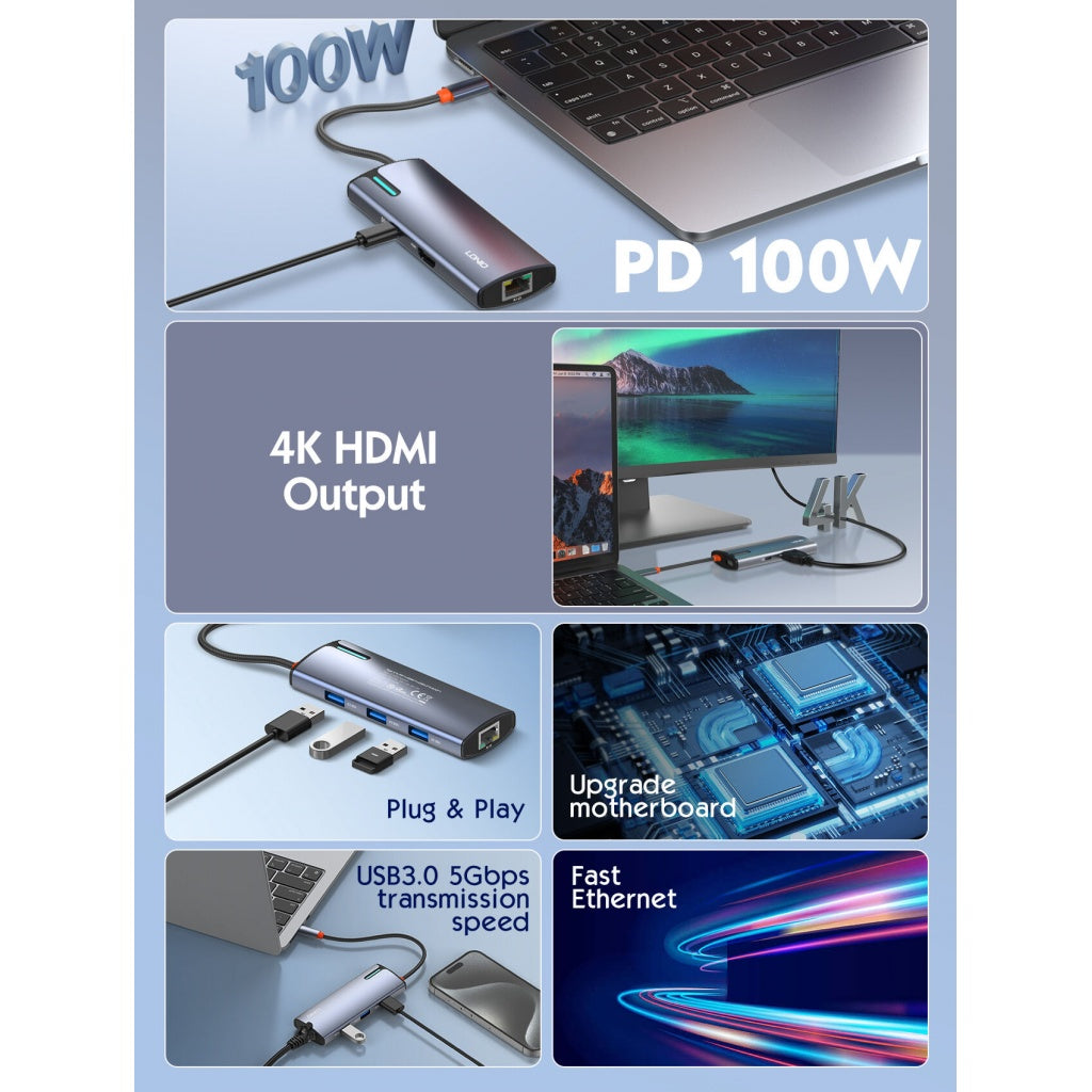 Hub USB-C LDNIO 5 en 1 - HDMI y 3 USB 3.0