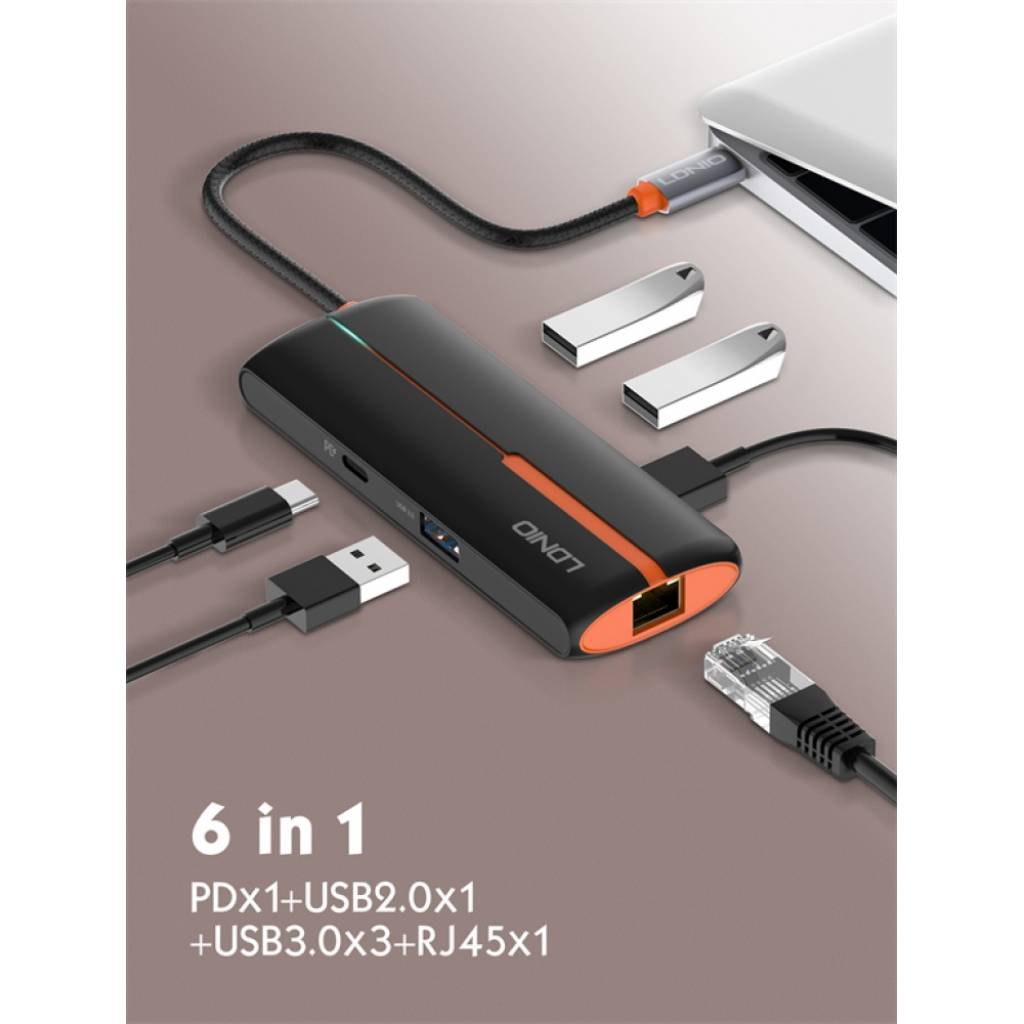 Expansión HUB 6 en 1 Tipo C USB C + USB 2.0 + 3 USB 3.0 + RJ45 Ethernet LDNIO
