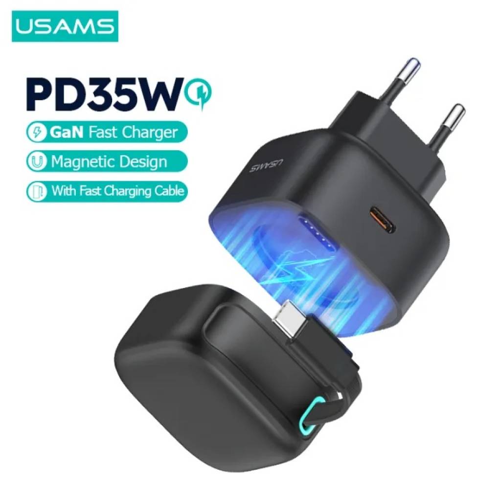 Cargador USAMS CC202 35W con Cable Retráctil Tipo C Magnético y Doble Puerto GaN