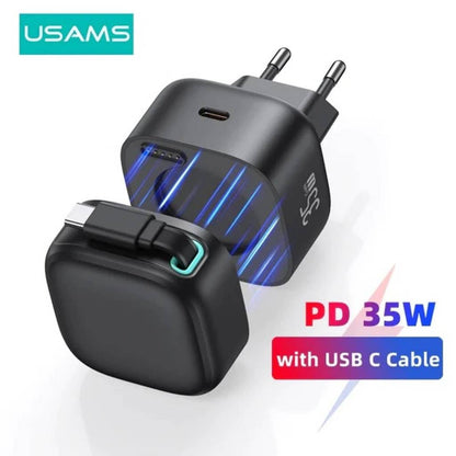 Cargador USAMS CC209 35W con Cable Retráctil Lightning Magnético y Doble Puerto GaN