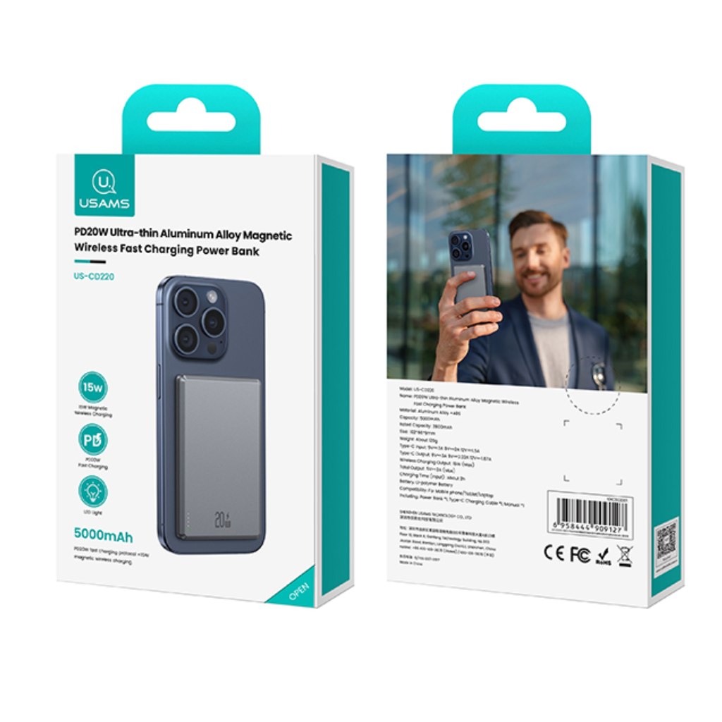 Power Bank Magnético USAMS CD220 PB73 5000mAh - Carga Rápida PD20W