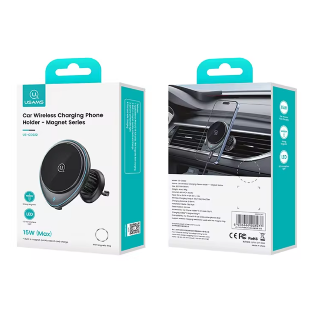 Cargador Auto Magnético 15W Inalámbrico Con soporte para Ventilación y luz Negro USAMS CD222