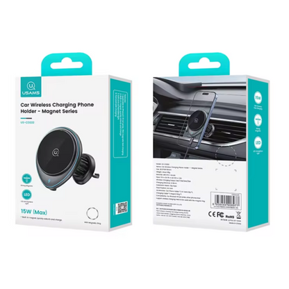 Cargador Auto Magnético 15W Inalámbrico Con soporte para Ventilación y luz Negro USAMS CD222