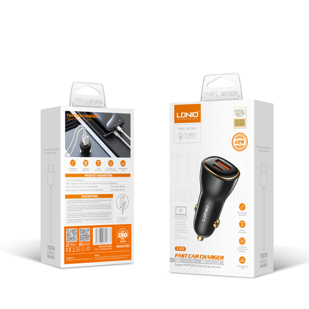 Cargador Auto 60W con Cable Lightning PD30W+QC30W Negro LDNIO C103