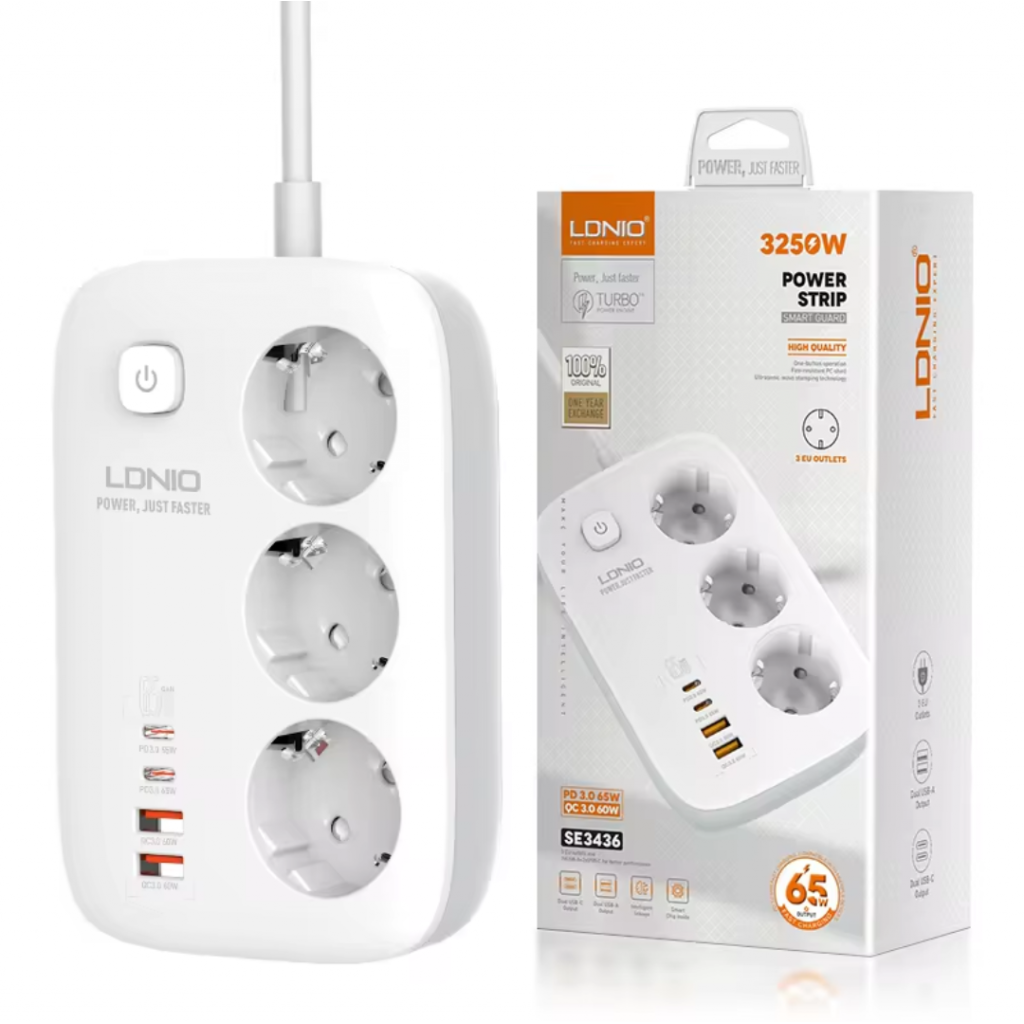 Adaptador Multifunción 65W 2 QC3.0+2 USB C PD+3 Enchufes Carga Rápida Blanco LDNIO SE3436