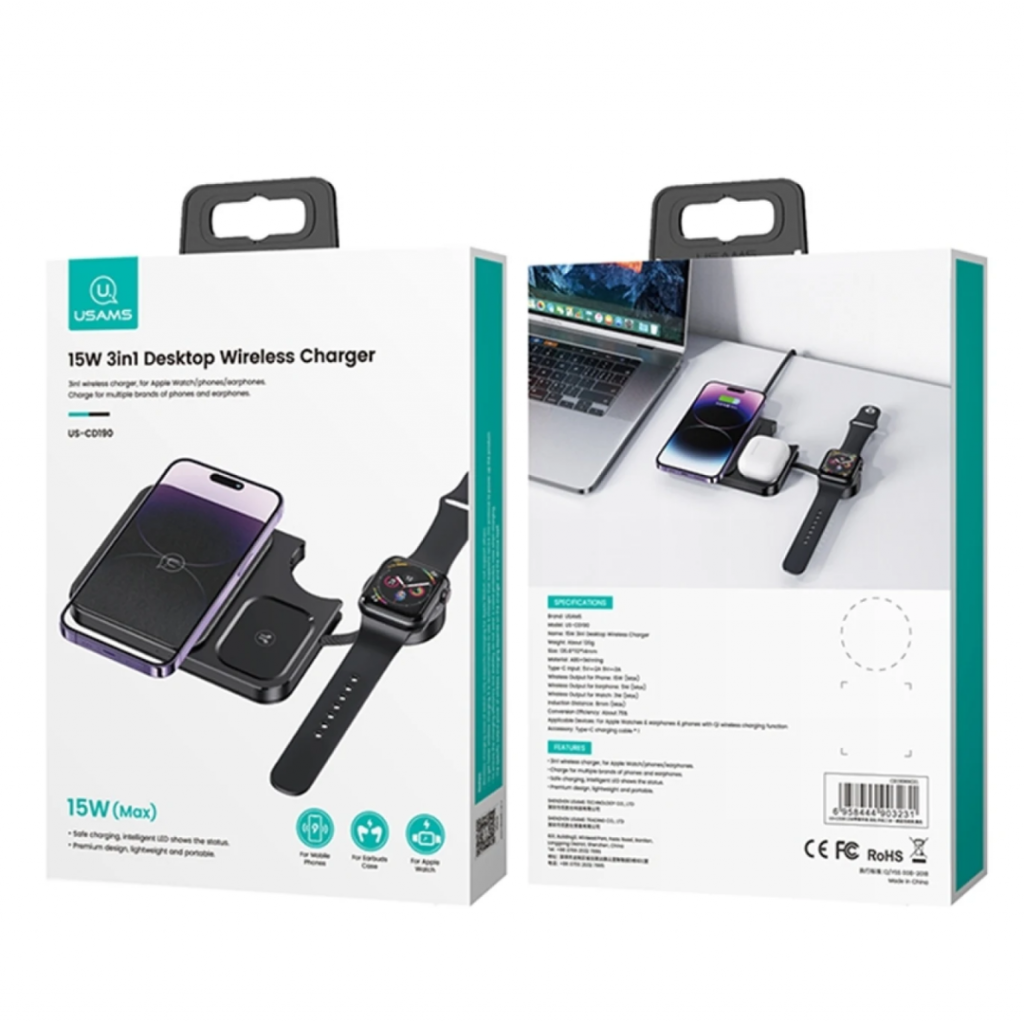 Cargador Inalámbrico 15W 3 en 1 USAMS CD190 - Carga Rápida y Versatilidad