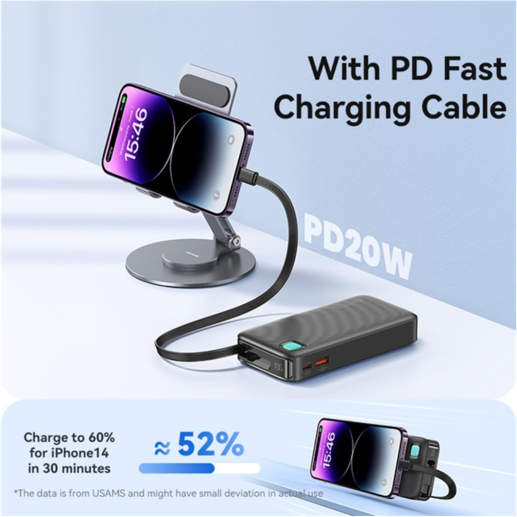 Power Bank USAMS CD225 10000mAh - Carga Rápida 20W con Cable Retráctil Lightning