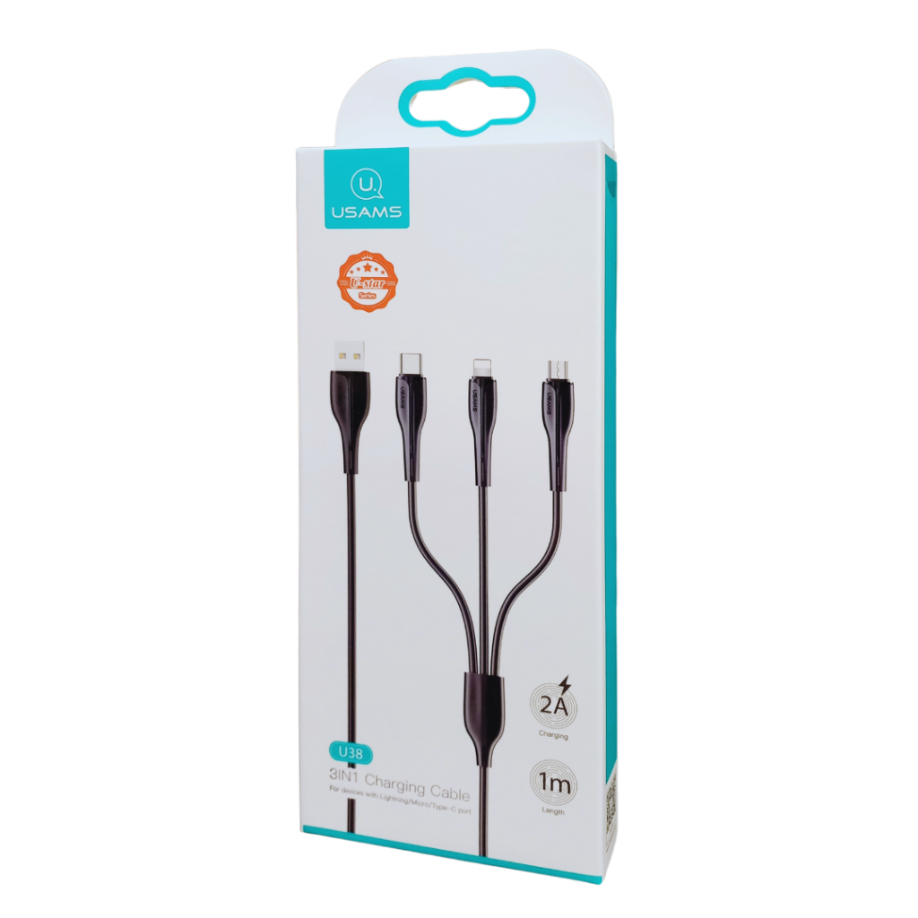 Cable de Carga USAMS SJ374 U38 3 en 1 66W USB micro / Tipo C / Lightning 1M Negro