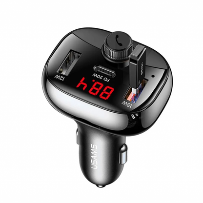 Cargador Auto c/ Transmisor FM 50W 3 USB/2A + USB C/PD Negro USAMS CC143