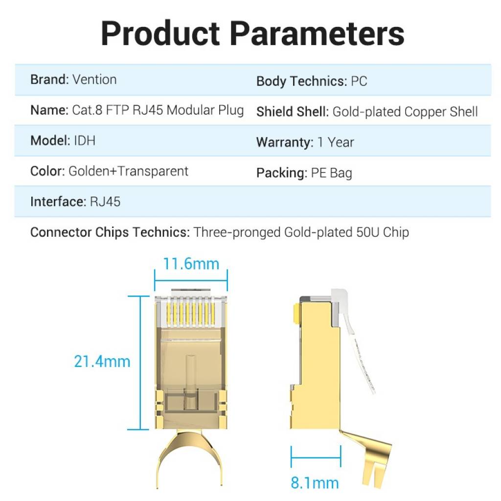 Plug RJ45 Vention Cat.8 FTP - Conexión Ultra Rápida
