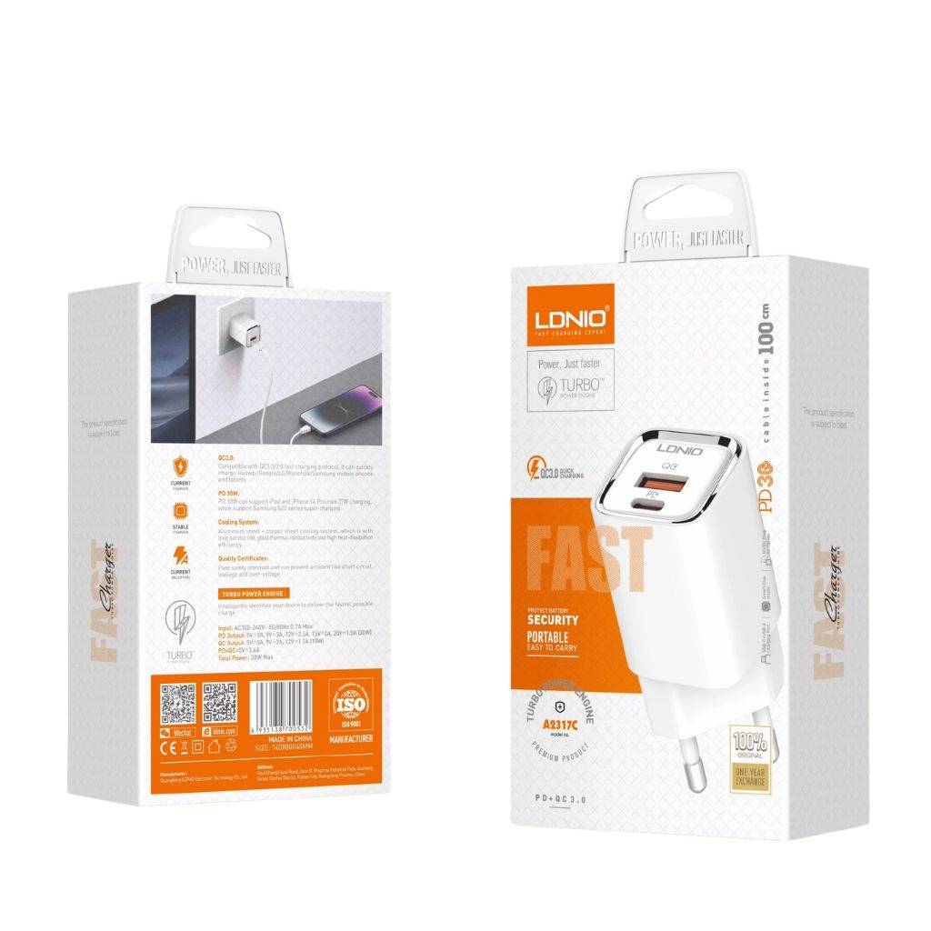 Cargador Pared Tipo C 30W PD/QC3.0 con Carga Rápida LDNIO A2317C